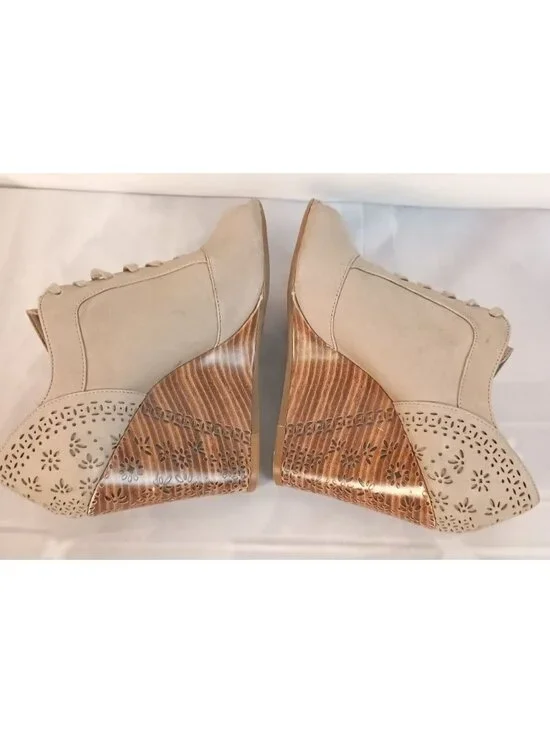 Gianni Bini Tan Leather Peep Toe Wedge Bootie Lace Up Laser Cut Sz 7 - Picture 7 of 10